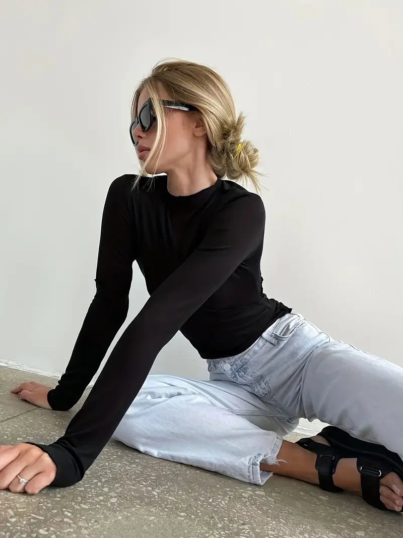 Solid Color Long-sleeved Elastic Slim-fit Basic Hedging Top