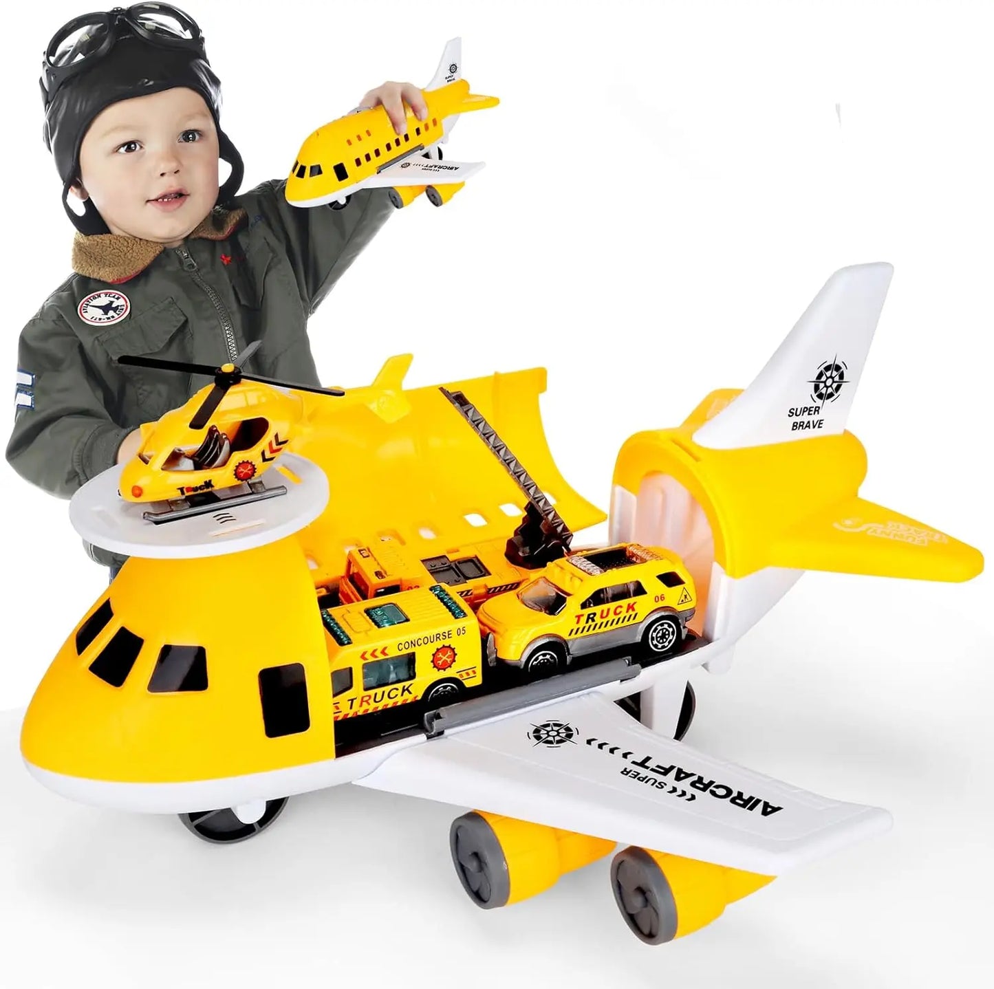 5EN1 toy airplane, transport plane with 3 mini cars and 1 mini helicopter, education vehicle