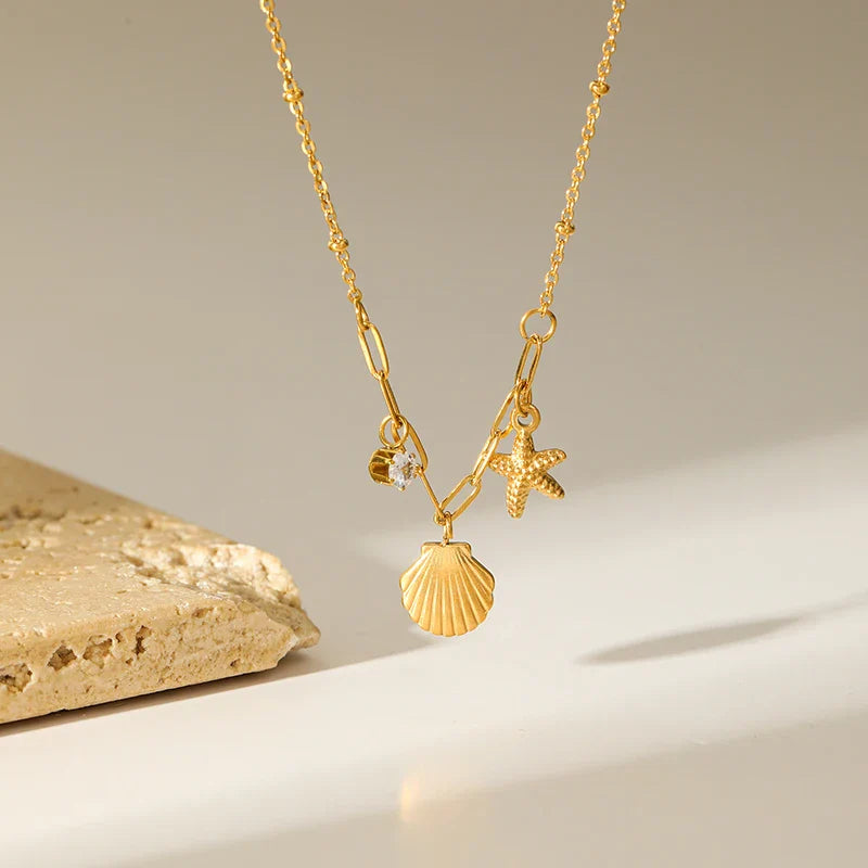 GANEMLY 316L Stainless Steel Shell Starfish Zircon Pendant Necklace For Women Fashion New Gift Neck Chain Waterproof Jewelry
