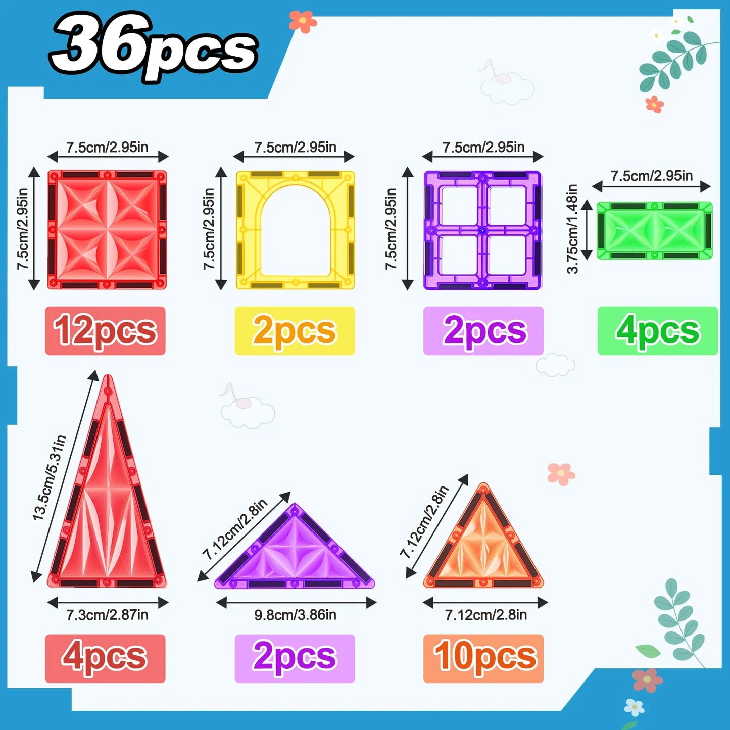 36pcs Magnetic Tiles Toddlers Toys, Magnet Building Blocks for Kids Ages 3+, Christmas Gifts for Boys & Girls