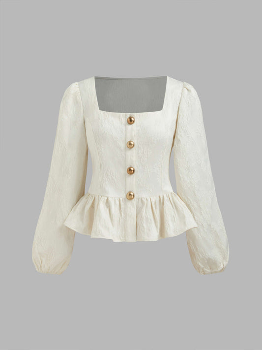 Square Neck Floral Button Ruffle Hem Long Sleeve Blouse
