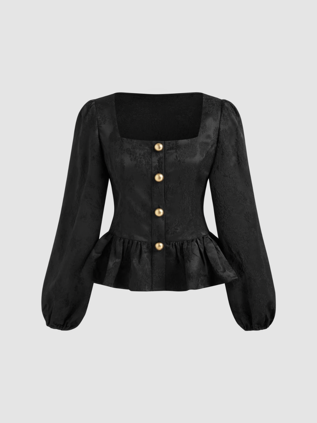 Square Neck Floral Button Ruffle Hem Long Sleeve Blouse