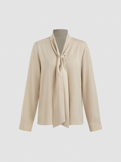 Collar Metal Hook Long Sleeve Blouse With Tie
