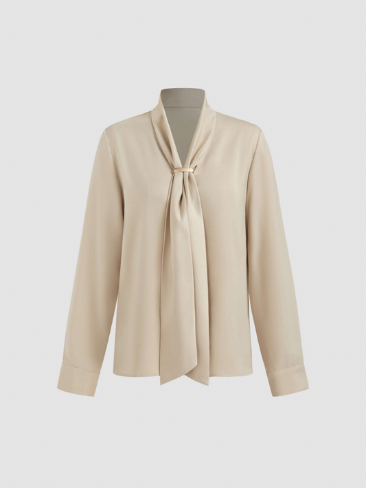 Collar Metal Hook Long Sleeve Blouse With Tie
