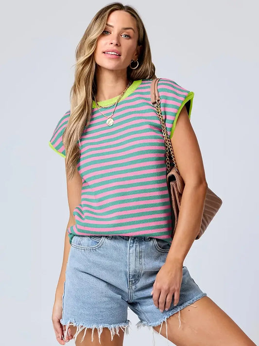 Contrast Color Round Neck Striped Knitted Top