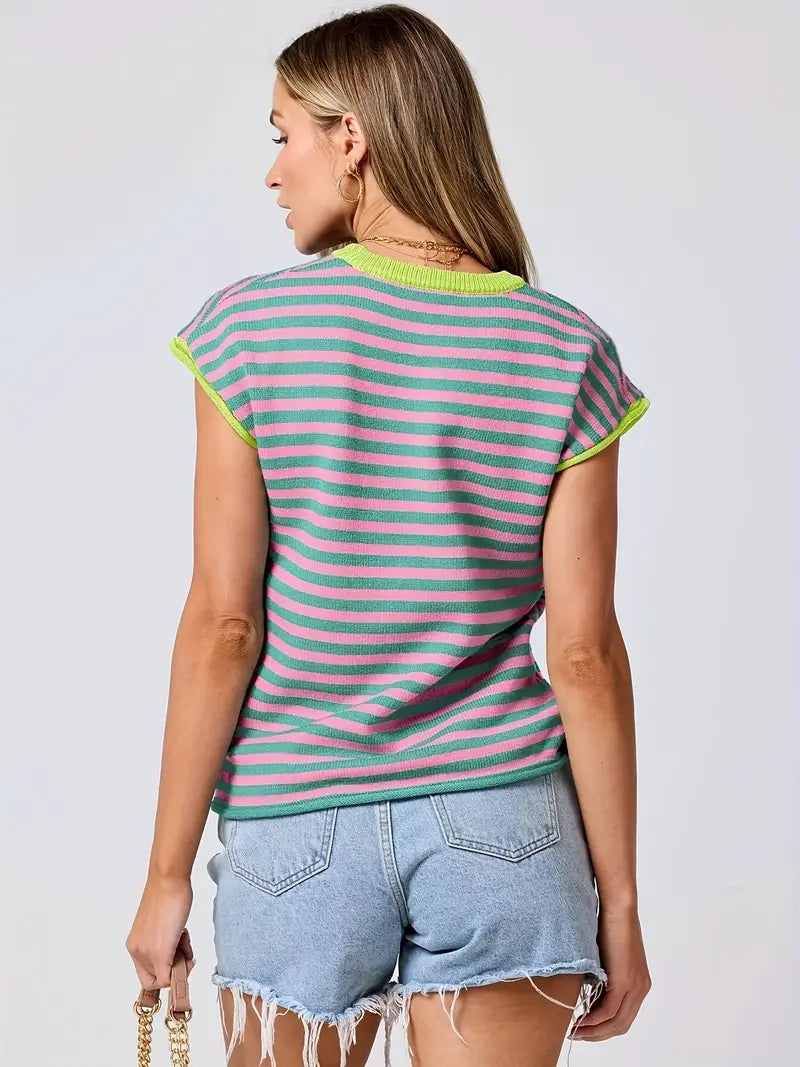 Contrast Color Round Neck Striped Knitted Top