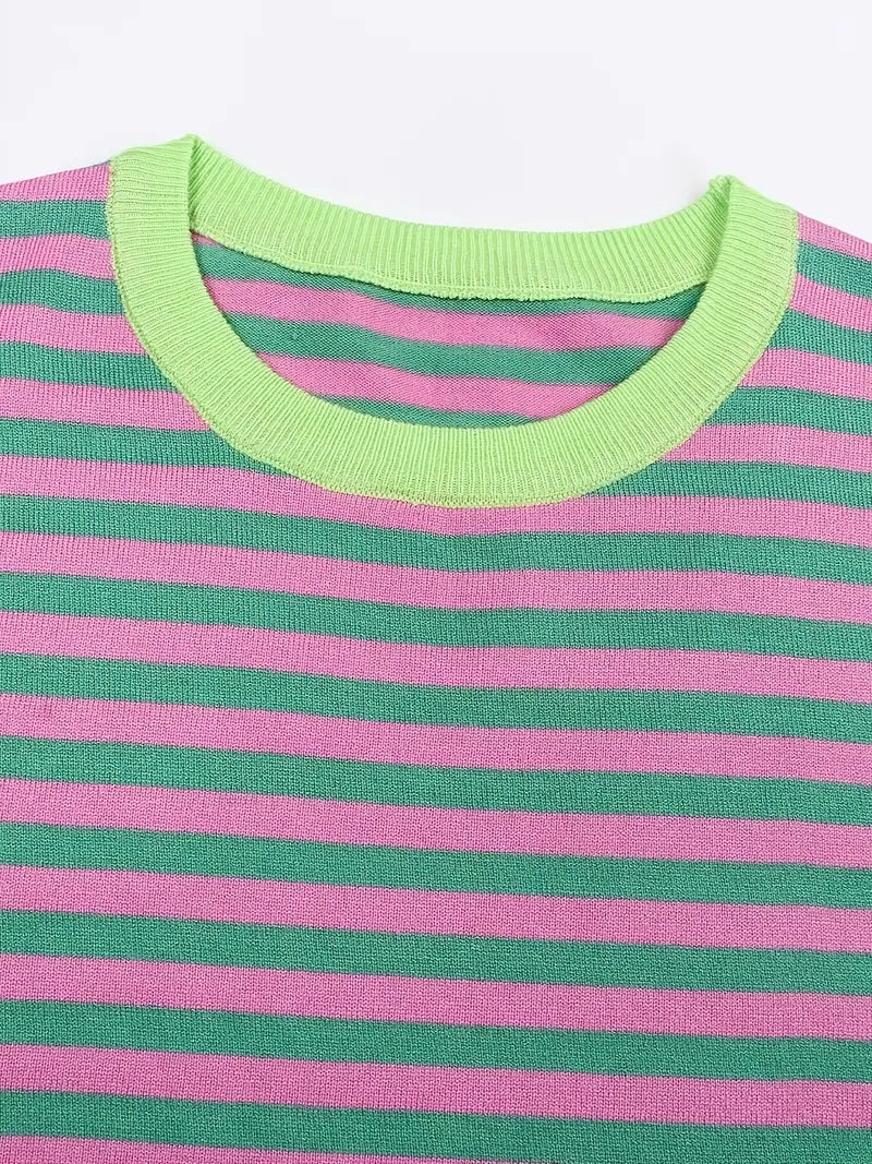 Contrast Color Round Neck Striped Knitted Top