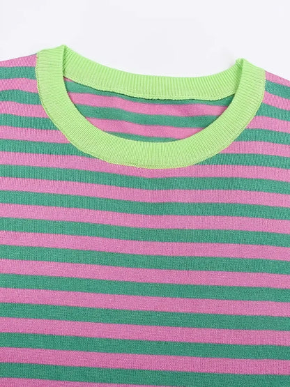 Contrast Color Round Neck Striped Knitted Top