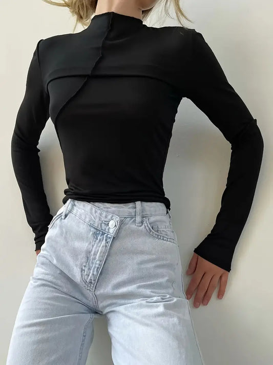 Solid Color Long-sleeved Elastic Slim-fit Basic Hedging Top