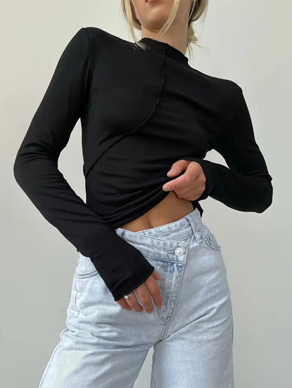 Solid Color Long-sleeved Elastic Slim-fit Basic Hedging Top