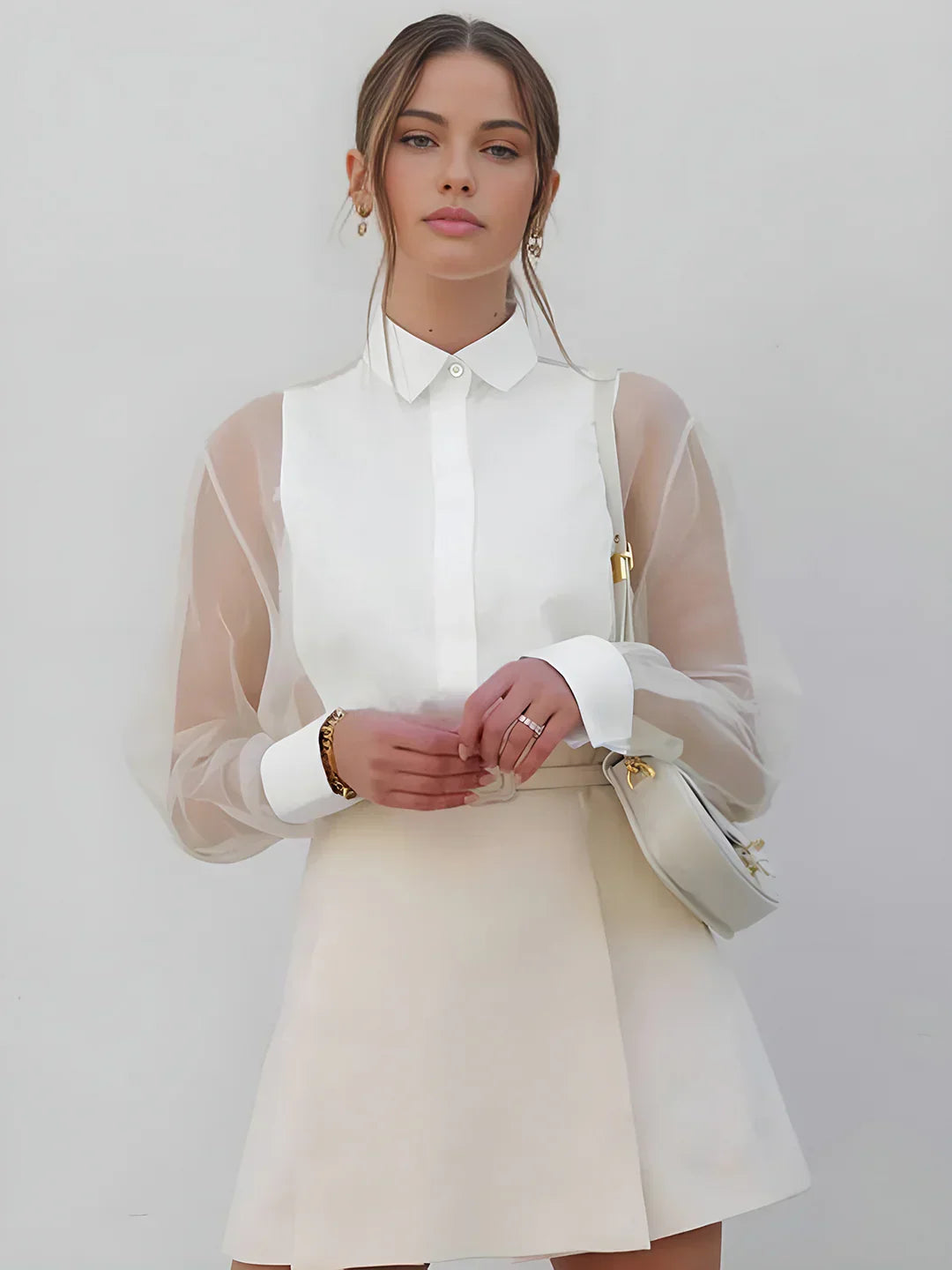 Puff Sleeve Lapel Organza Transparent Top