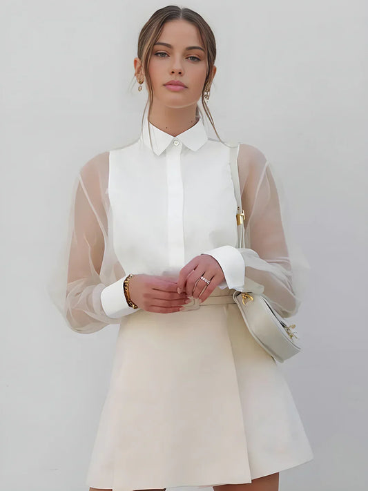 Puff Sleeve Lapel Organza Transparent Top