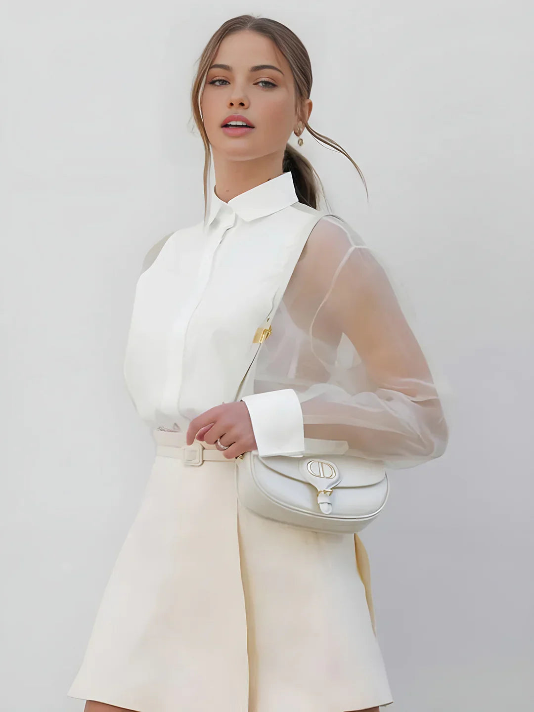 Puff Sleeve Lapel Organza Transparent Top