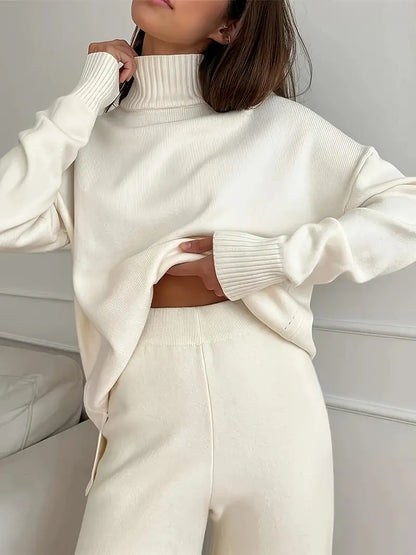 Solid Color Turtleneck Knitting Matching Set