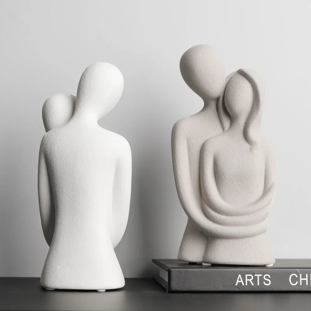 Nordic Abstract Couple Sculpture, Lover Hugging Characters, Frosted Ceramic Statues, Plain White/Grey Figurines, Wedding Gifts