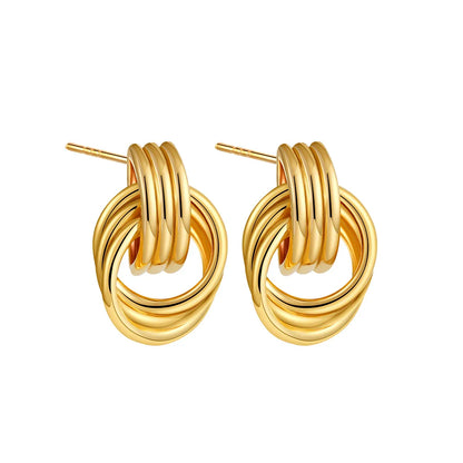 Vintage Three Layers Mini Knot Stud Earrings for Women Gold Plated Twisted Small Circle Stainless Steel Earring Punk Jewelry