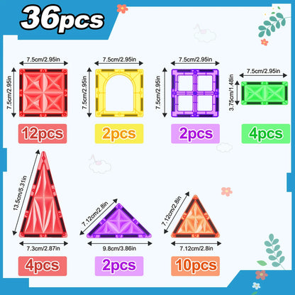 36pcs Magnetic Tiles Toddlers Toys, Magnet Building Blocks for Kids Ages 3+, Christmas Gifts for Boys & Girls
