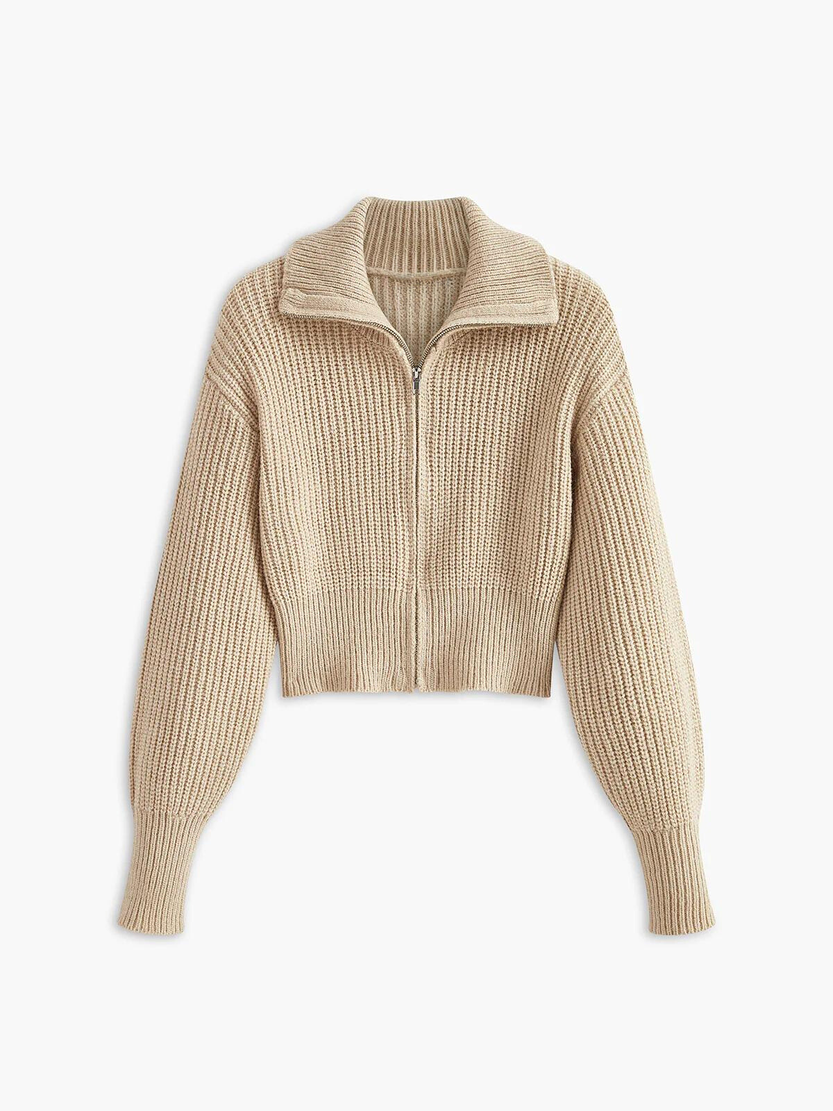 Ribbed Zipper Lapel Cardigan